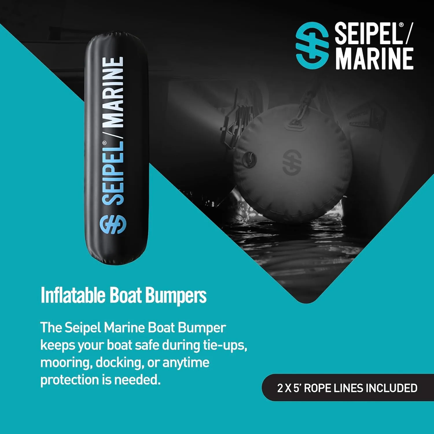 Boat Bumper - Inflatable Dock & Tie-Up Protection - Durable UV Material - Double Welded Seams - Easy Setup - Includes Tie-Down Cleats & Ropes - 20 Ft - Black