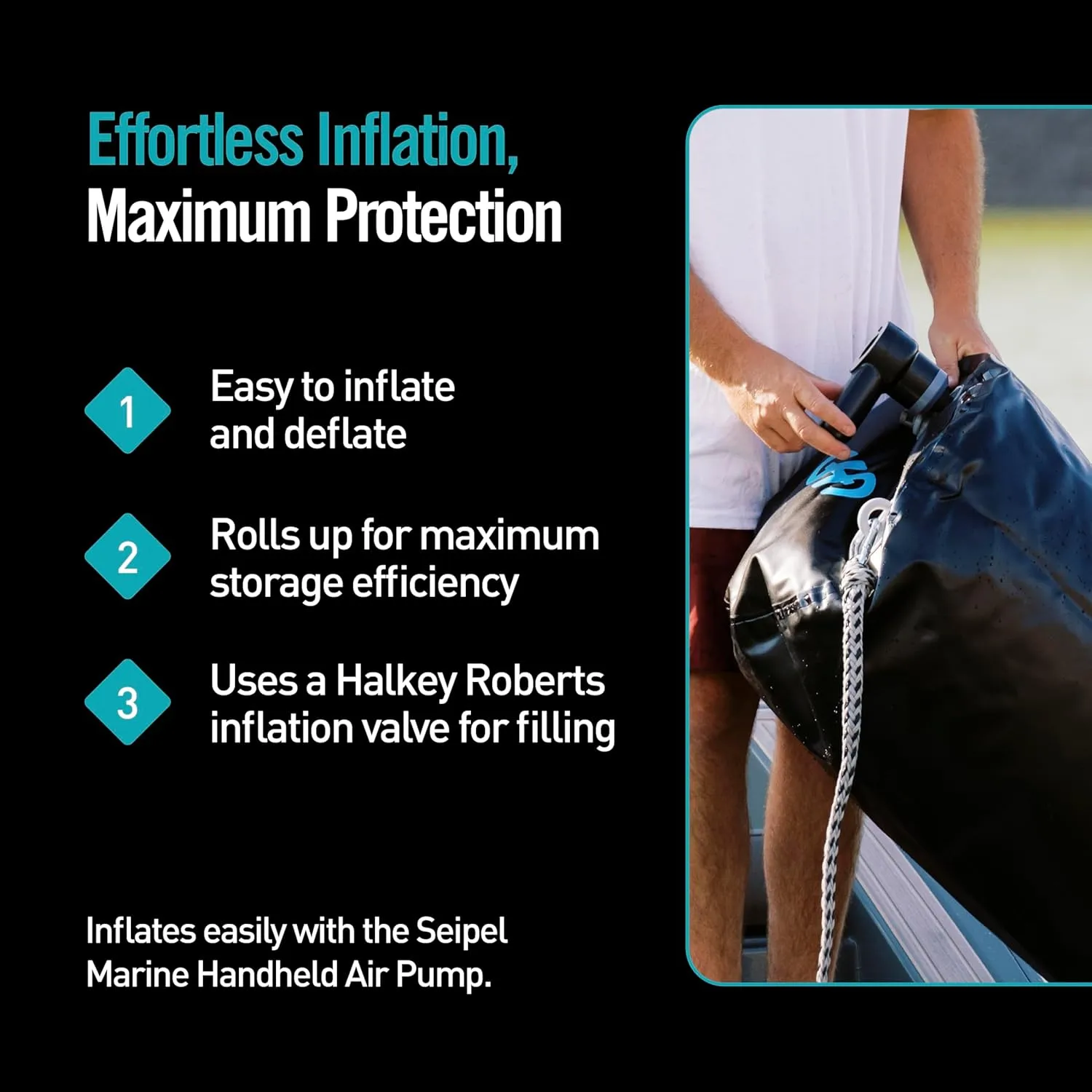 Boat Bumper - Inflatable Dock & Tie-Up Protection - Durable UV Material - Double Welded Seams - Easy Setup - Includes Tie-Down Cleats & Ropes - 20 Ft - Black