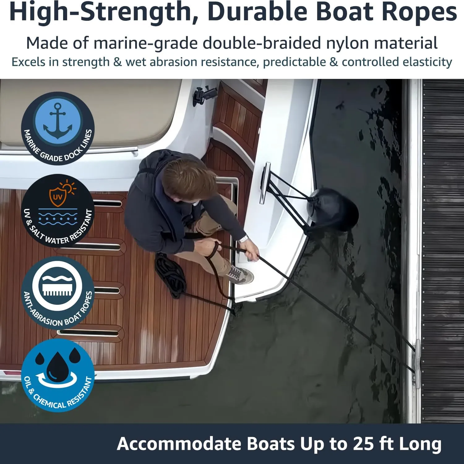 Boat Dock Lines 2 Pack 3/8" x 25' Double Braided Nylon Boat Ropes for Docking with 12" Loop, Marine Grade High Strength Boat Lines, Premium Marine Rope Mooring Lines, Easy Handling, Black