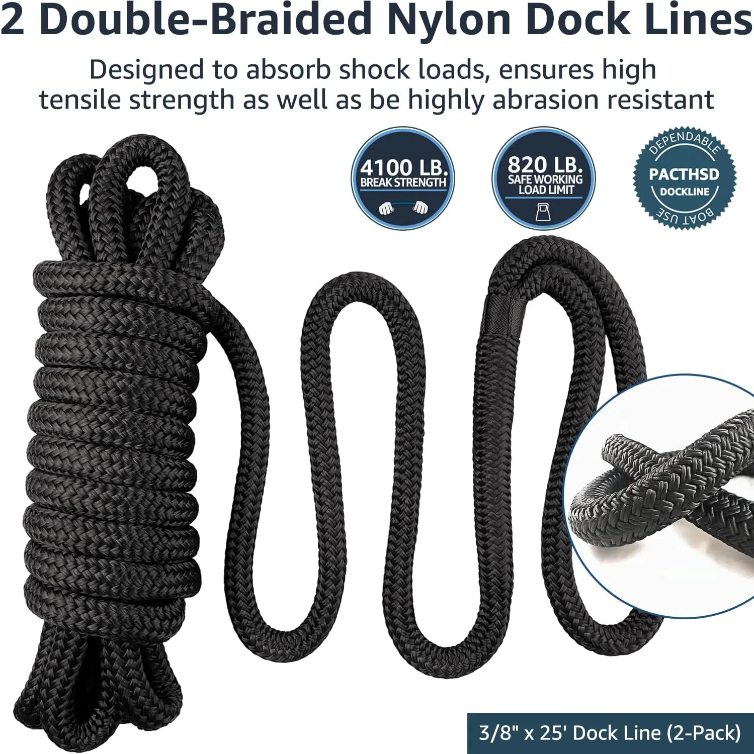 Boat Dock Lines 2 Pack 3/8" x 25' Double Braided Nylon Boat Ropes for Docking with 12" Loop, Marine Grade High Strength Boat Lines, Premium Marine Rope Mooring Lines, Easy Handling, Black