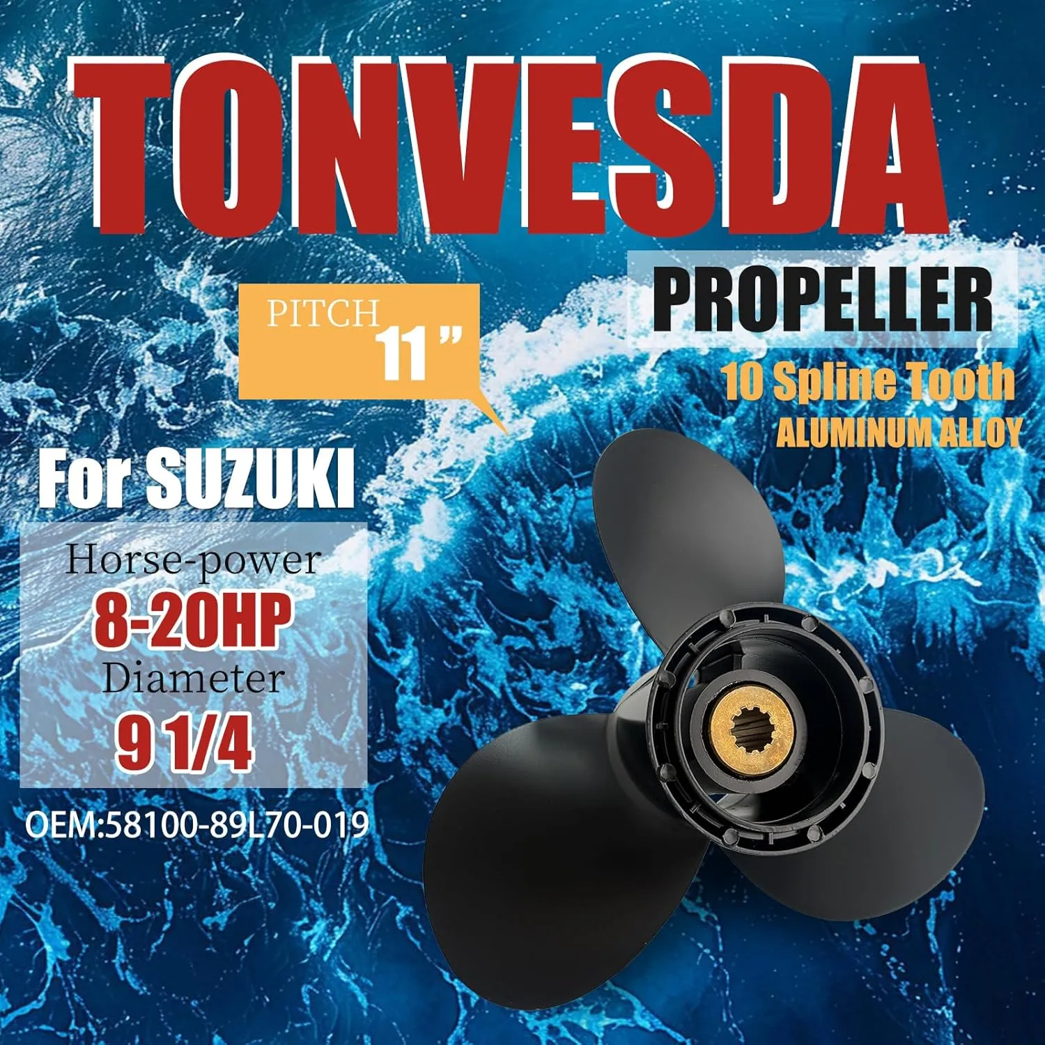Boat Propeller for Suzuki Outboard Engine 10 Spline Tooth Aluminum Propeller 8HP 9.9HP 15HP 20HP,9 1/4x8 9 1/4x9 9 1/4x10 9 1/4x11 9 1/4x12