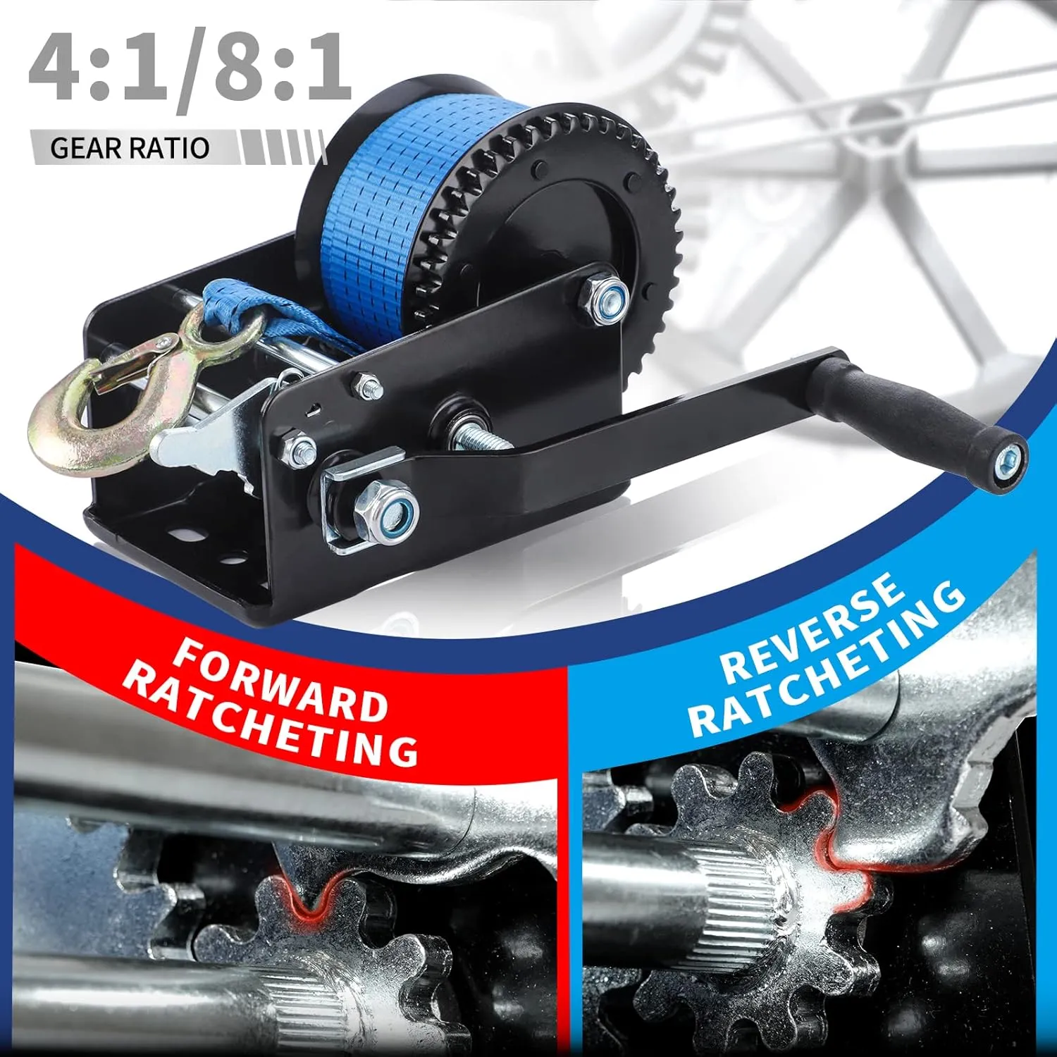 Boat Trailer Winch Hand Winch 3200lbs Heavy Duty Hook with 10m (33ft) Polyester Strap Hand Crank Winch, Two Way Ratchet Manual Winch for Trailer ATV Boat
