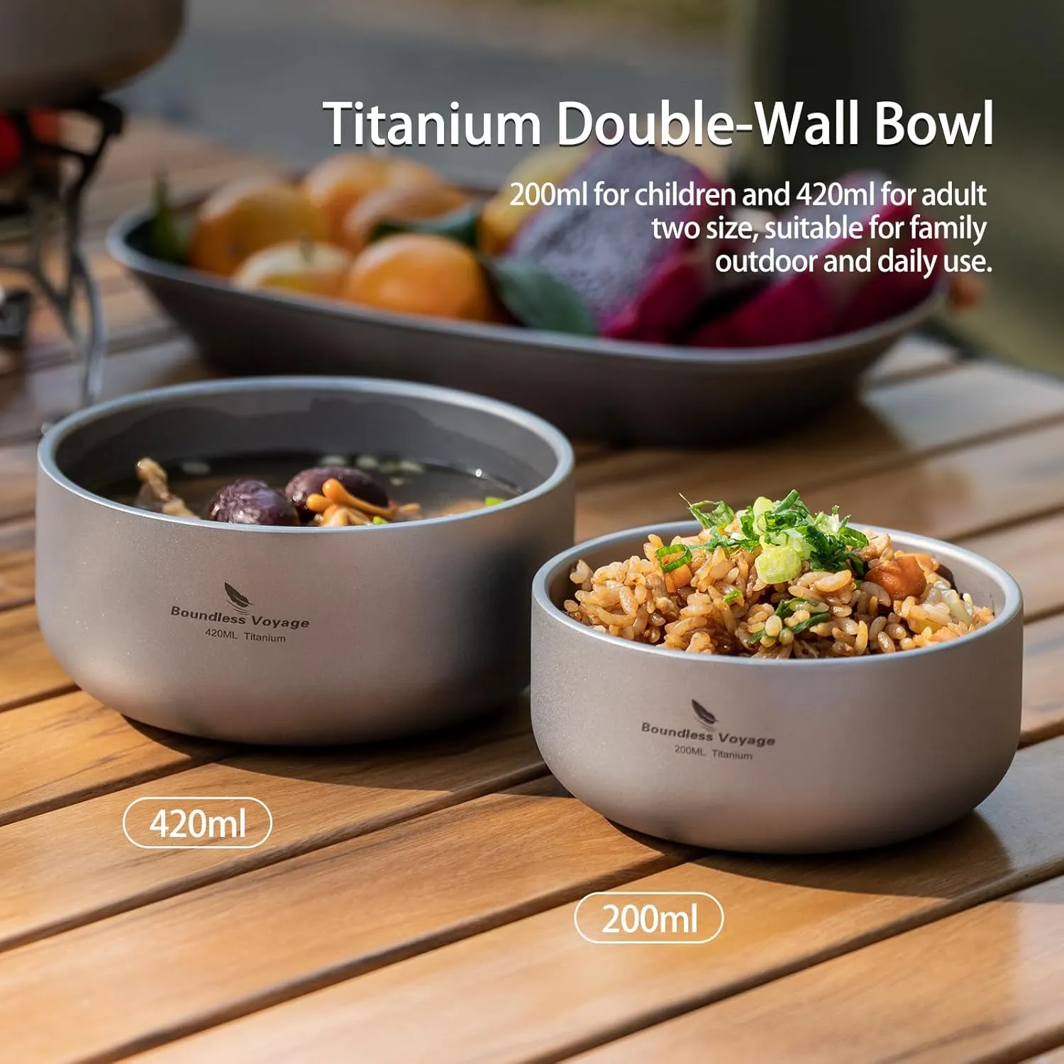 Boundless Voyage 200ml Titanium Double-walled Bowl for Adult Children Ultralight Portable Soup Rice Food Bowl Outdoor Camping Durable Metal Tableware Ti1083T
