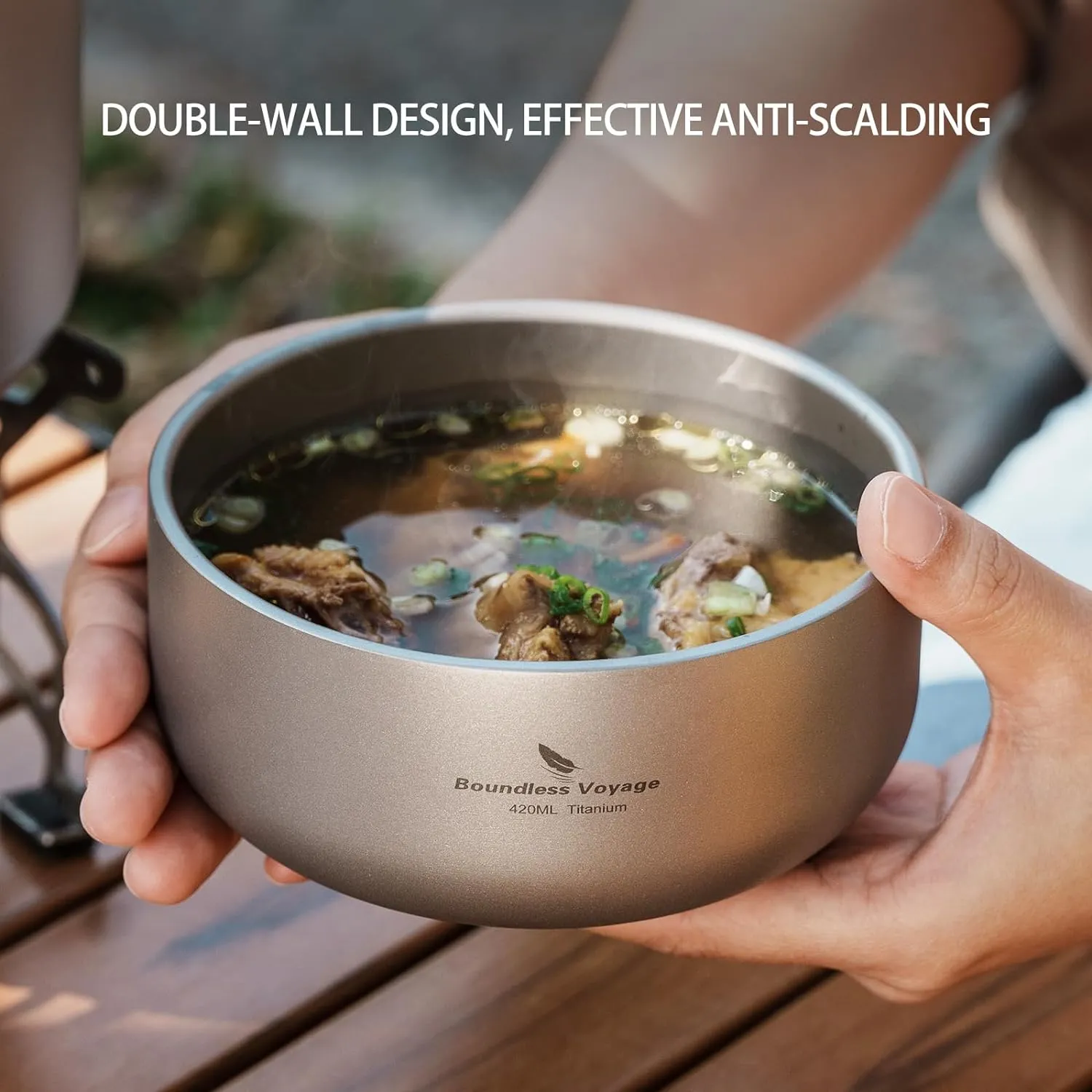 Boundless Voyage 200ml Titanium Double-walled Bowl for Adult Children Ultralight Portable Soup Rice Food Bowl Outdoor Camping Durable Metal Tableware Ti1083T