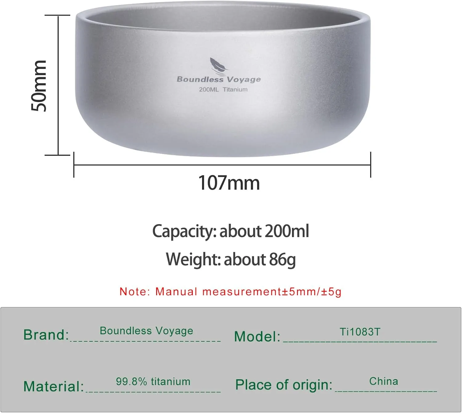 Boundless Voyage 200ml Titanium Double-walled Bowl for Adult Children Ultralight Portable Soup Rice Food Bowl Outdoor Camping Durable Metal Tableware Ti1083T