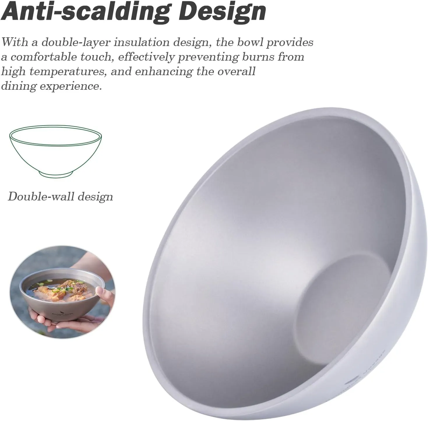 Boundless Voyage 450ml Titanium Double Walled Food Bowl for Adult Children Ultralight Portable Soup Rice Bowl Outdoor Camping Metal Durable Tableware Ti1086T