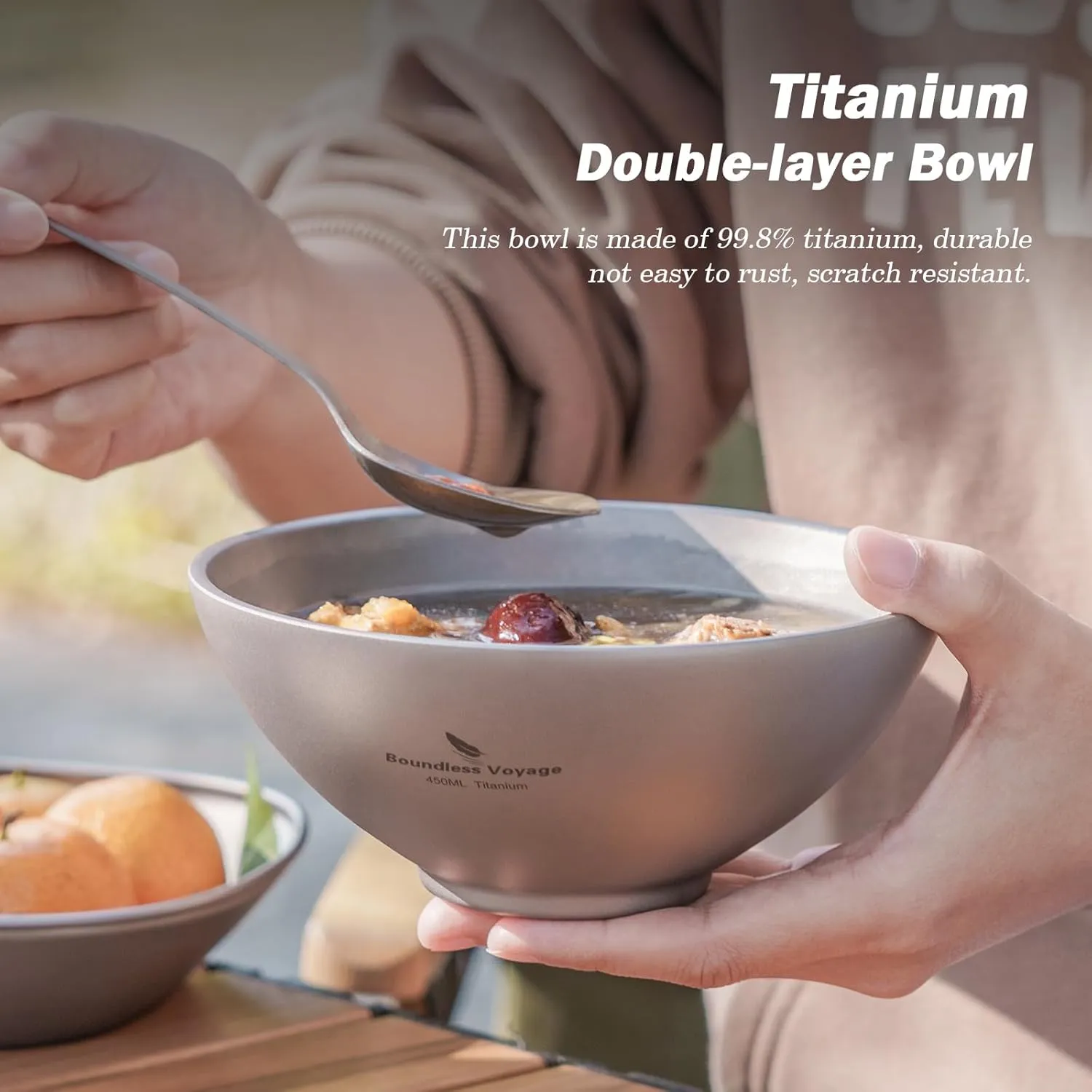 Boundless Voyage 450ml Titanium Double Walled Food Bowl for Adult Children Ultralight Portable Soup Rice Bowl Outdoor Camping Metal Durable Tableware Ti1086T