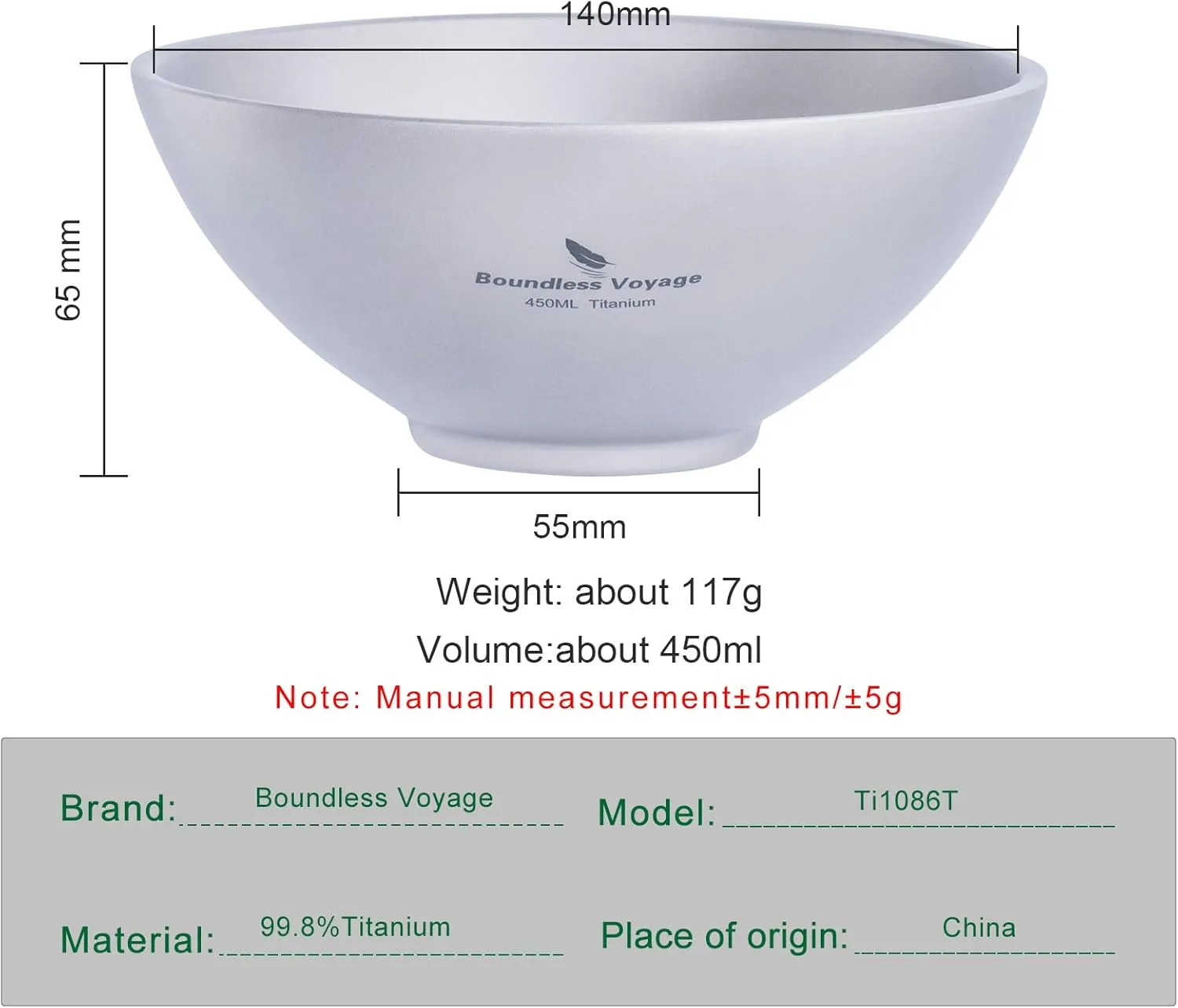 Boundless Voyage 450ml Titanium Double Walled Food Bowl for Adult Children Ultralight Portable Soup Rice Bowl Outdoor Camping Metal Durable Tableware Ti1086T