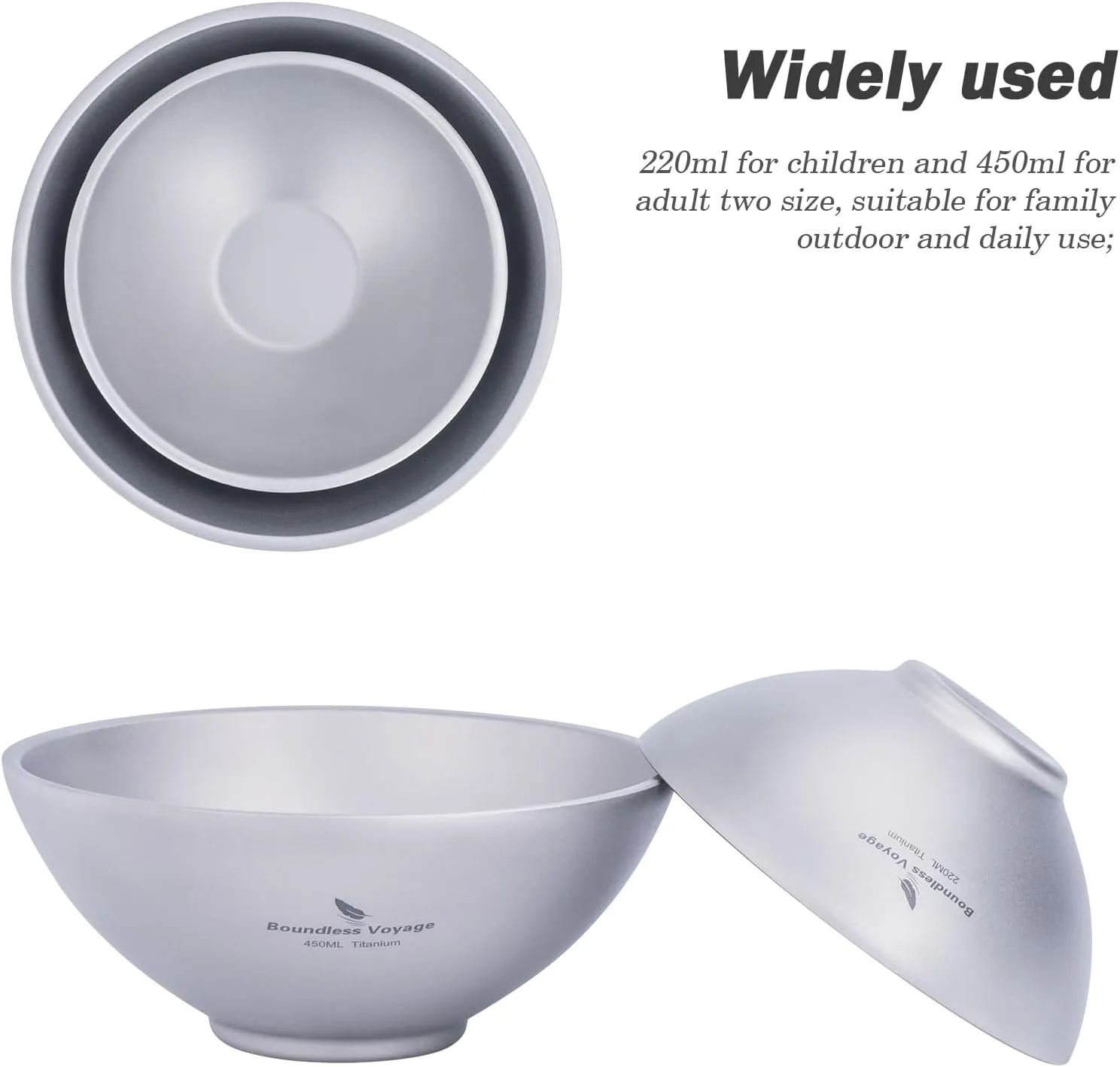 Boundless Voyage 450ml Titanium Double Walled Food Bowl for Adult Children Ultralight Portable Soup Rice Bowl Outdoor Camping Metal Durable Tableware Ti1086T