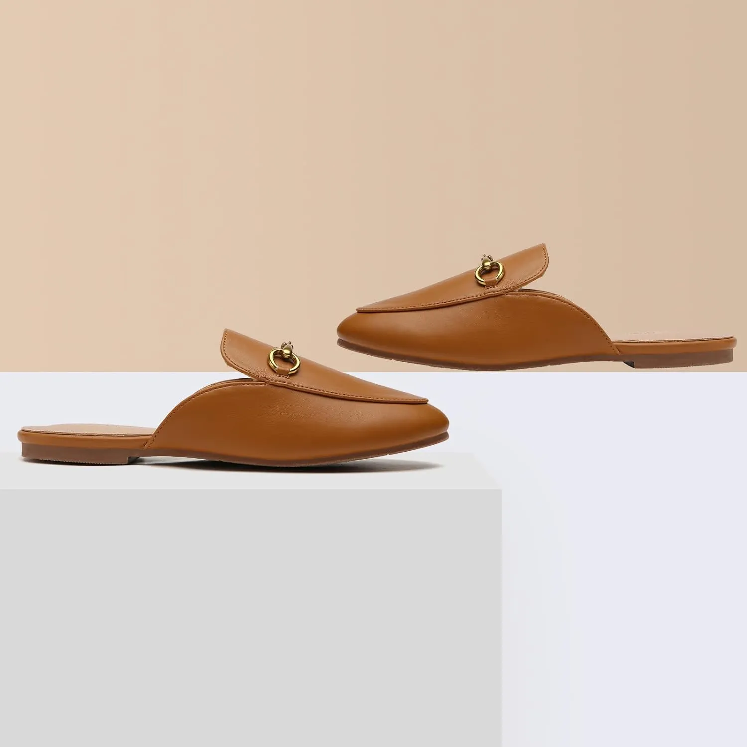 Buckle Mules for Women Work Flats Round Toe Business Backless Loafers Metal Décor Slip on