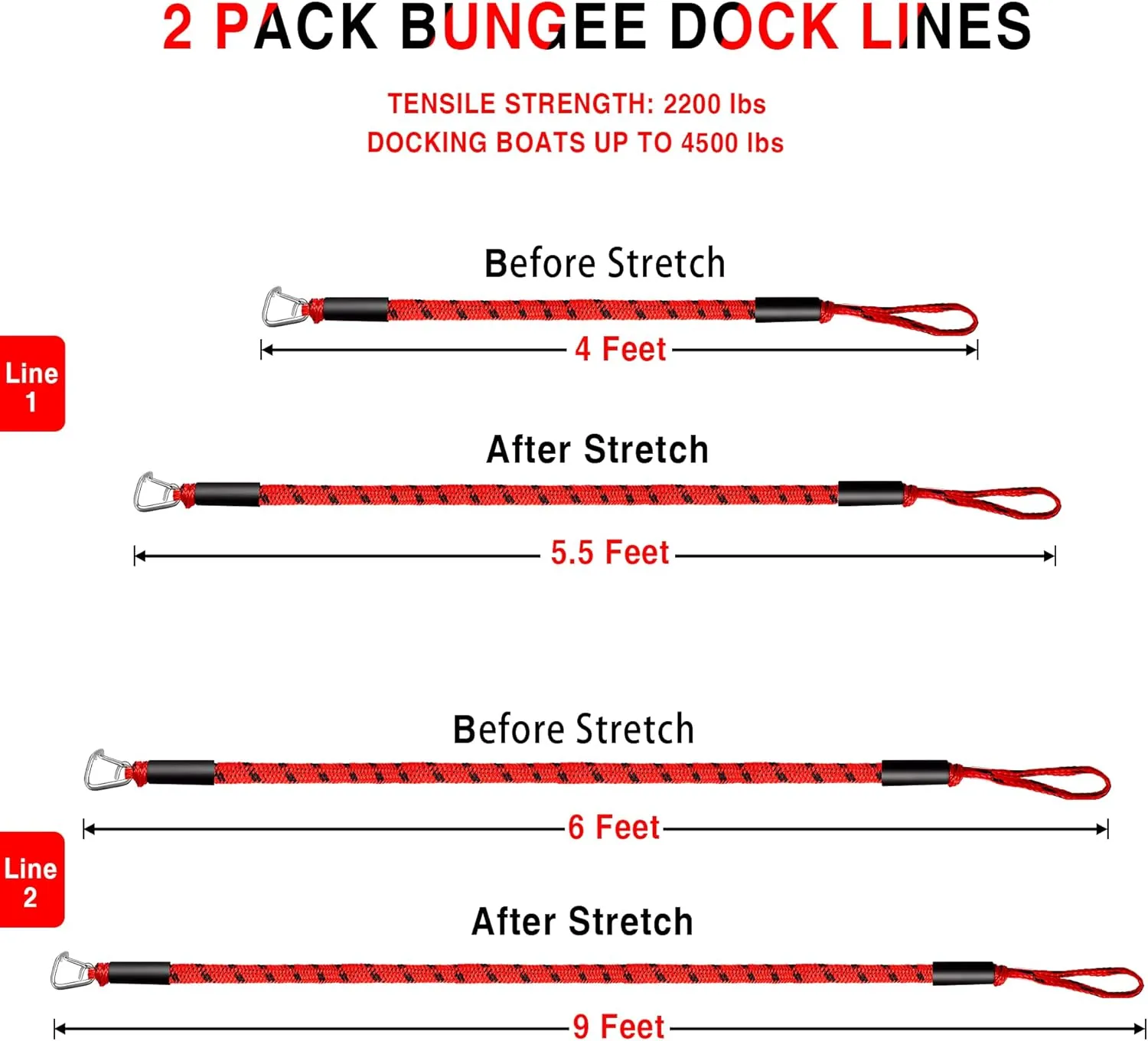 Bungee Dock Line Boat Accessories - Pontoon, Jet Ski, Kayak Accessories with 316 Stainless Steel Clip