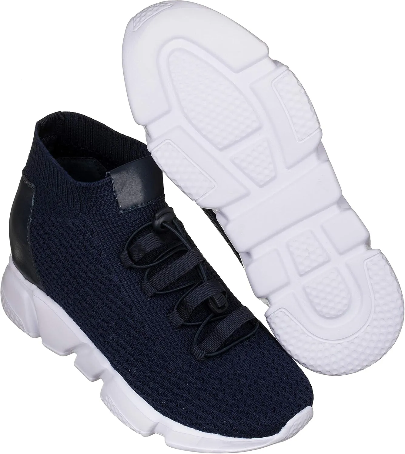 CALTO Men's Invisible Height Increasing Elevator Shoes - Dark Blue Kintted Ultra Lightweight Slip-on Sporty Trainer Sneakers - 3.2 Inches Taller - H1722 - Size 7 D(M) US
