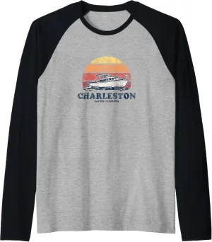 Charleston SC Vintage Boating 70s Retro Boat Design Raglan Baseball Tee