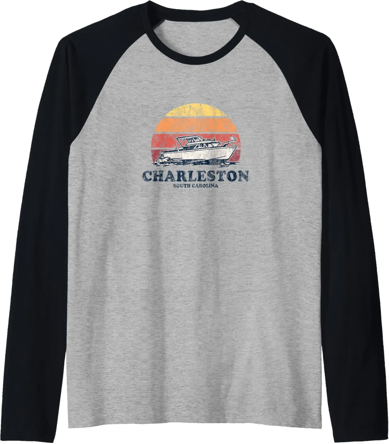 Charleston SC Vintage Boating 70s Retro Boat Design Raglan Baseball Tee