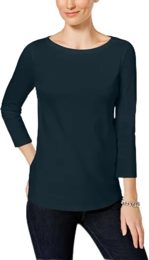 Charter Club Damask Petite Pima Cotton Button-Shoulder Top Intrepid Blue PL