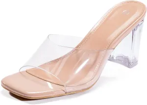Clear Heels for Women Transparent Rhinestone Strap Block Chunky Square Heel Sandals Open Toe Slip On Sandals