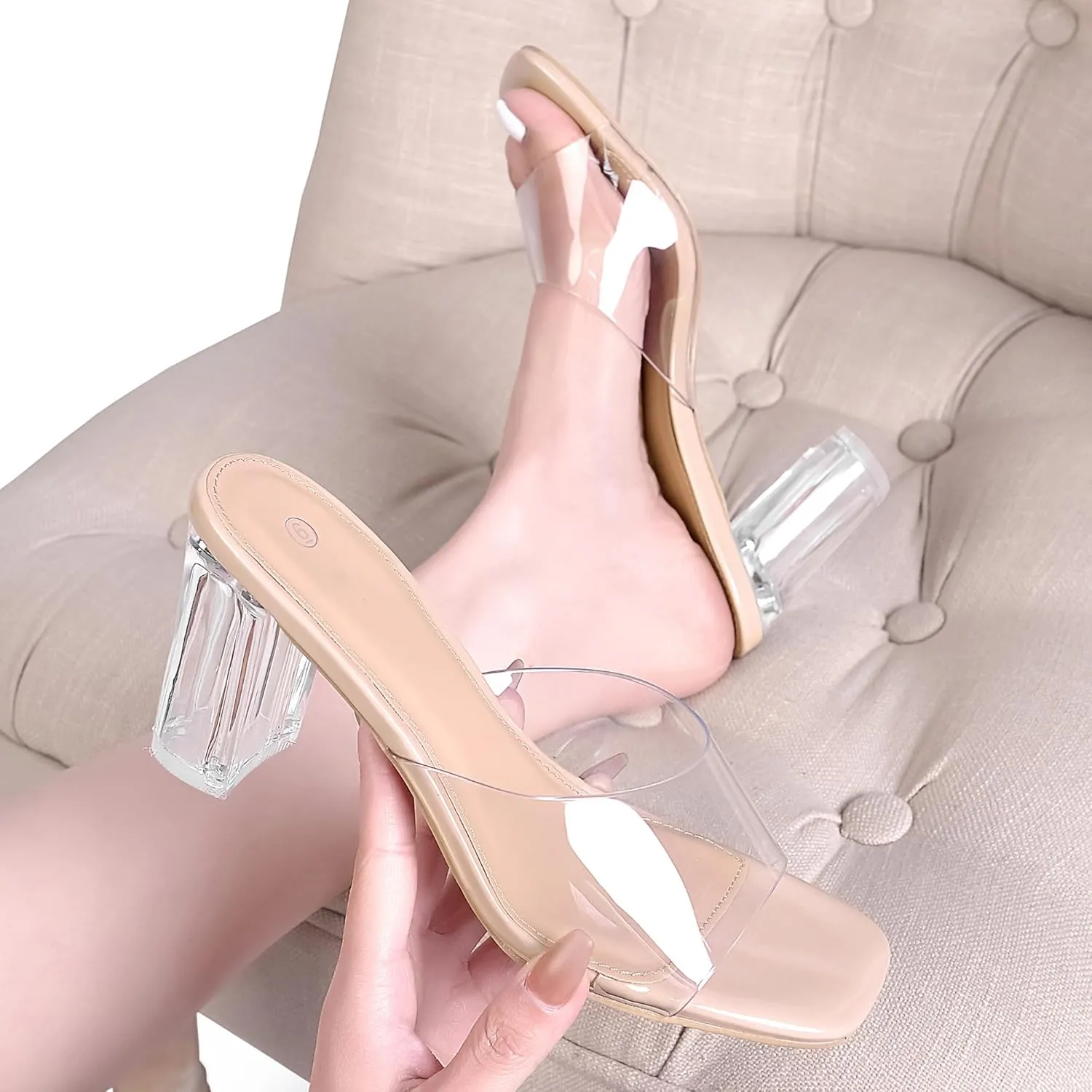 Clear Heels for Women Transparent Rhinestone Strap Block Chunky Square Heel Sandals Open Toe Slip On Sandals