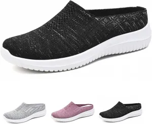 Cubicbee Women's Knitted Slip On Lightweight Mule Sneakers,Comfort Open Back Flats Fashion Mesh Breathe Loafer Closed Round Toe Low Top Walking Shoes