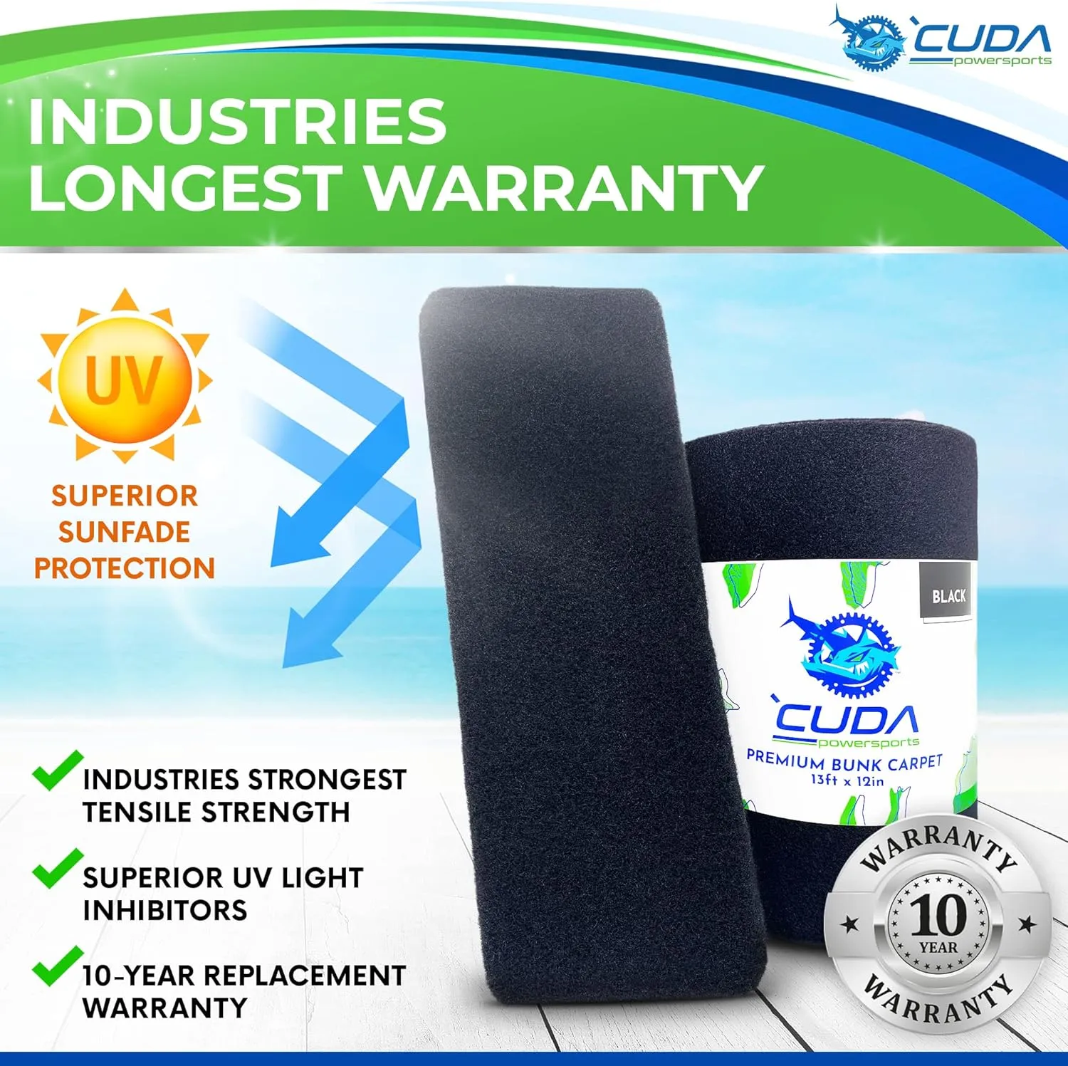Cuda Boat Trailer Bunk Carpet 12 Inch Wide x 13ft-New Premium 30 Oz Roll- Cuda Bunk Carpet for Boat Trailers Parts Accessories Gray Grey Charcoal Lift Runners Covers Waterproof