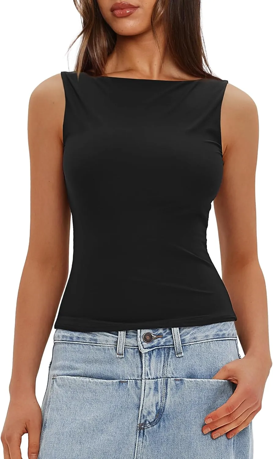Darong Women's Double Lined Tank Tops Boat Neck Sleeveless Fitted Basic Going Out Casual Cropped Tank Shirts