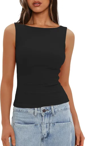 Darong Women's Double Lined Tank Tops Boat Neck Sleeveless Fitted Basic Going Out Casual Cropped Tank Shirts