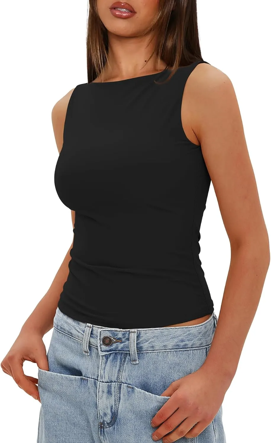 Darong Women's Double Lined Tank Tops Boat Neck Sleeveless Fitted Basic Going Out Casual Cropped Tank Shirts