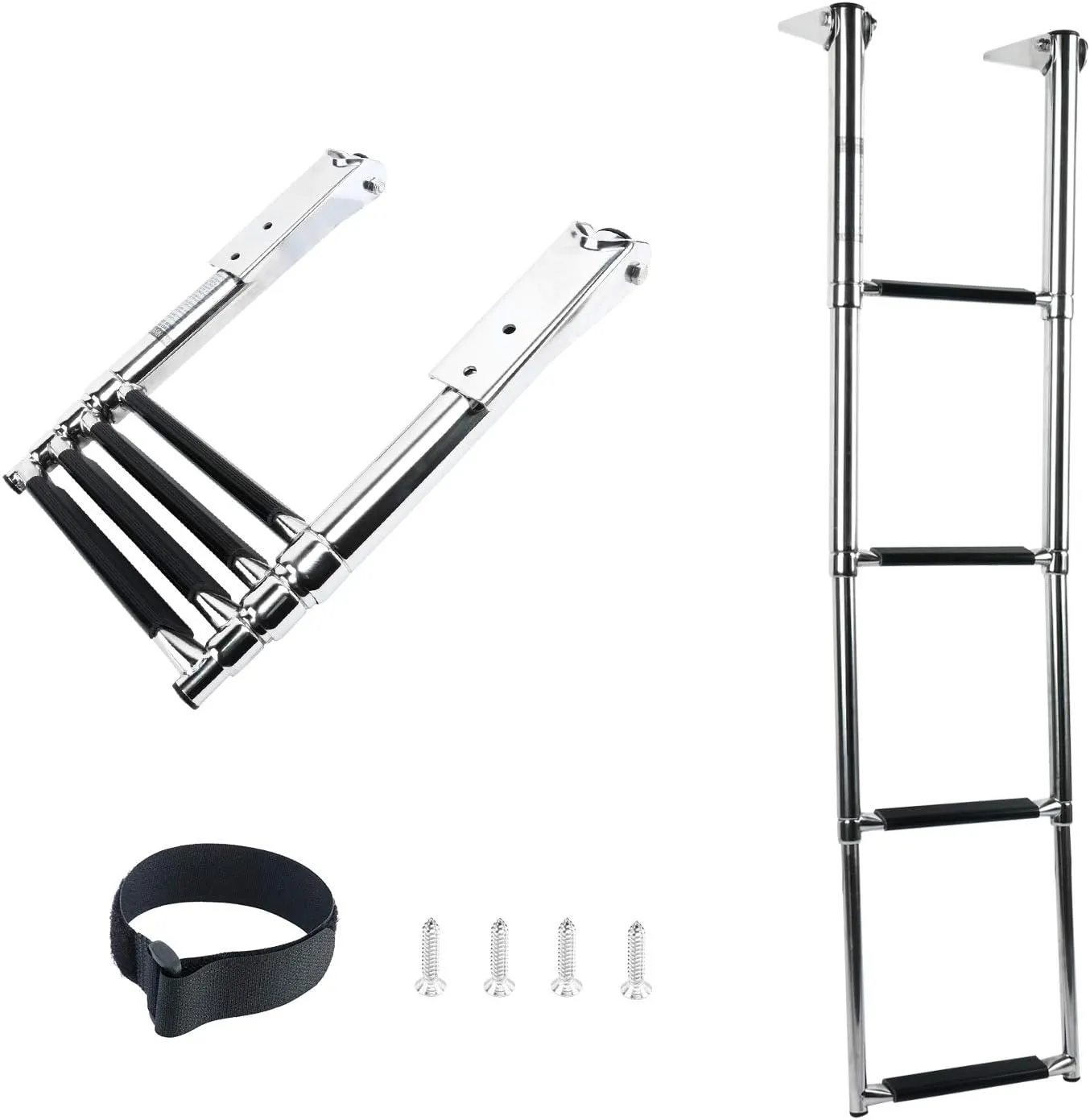 DasMarine 4 Step Pontoon Boat Ladder, 316 Stainless Steel Telescoping Extendable Dock Ladder, 900 Pound Capacity Folding Dive Ladder for Marine Yacht/Swimming Pool (Standard Width, 4 Step)