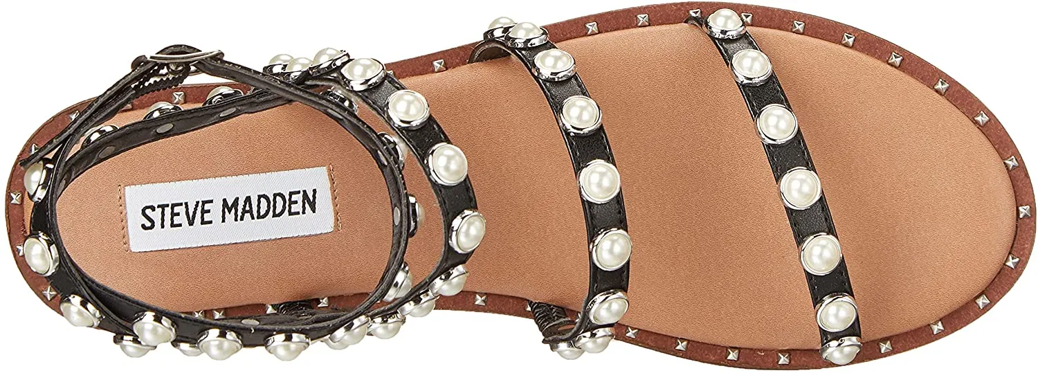 Detail Travel Price guarantee Toe Pearl Ankle Rounded Adjustable Madden Pearl Steve Black Flat Strap Sandal