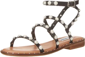 Detail Travel Price guarantee Toe Pearl Ankle Rounded Adjustable Madden Pearl Steve Black Flat Strap Sandal