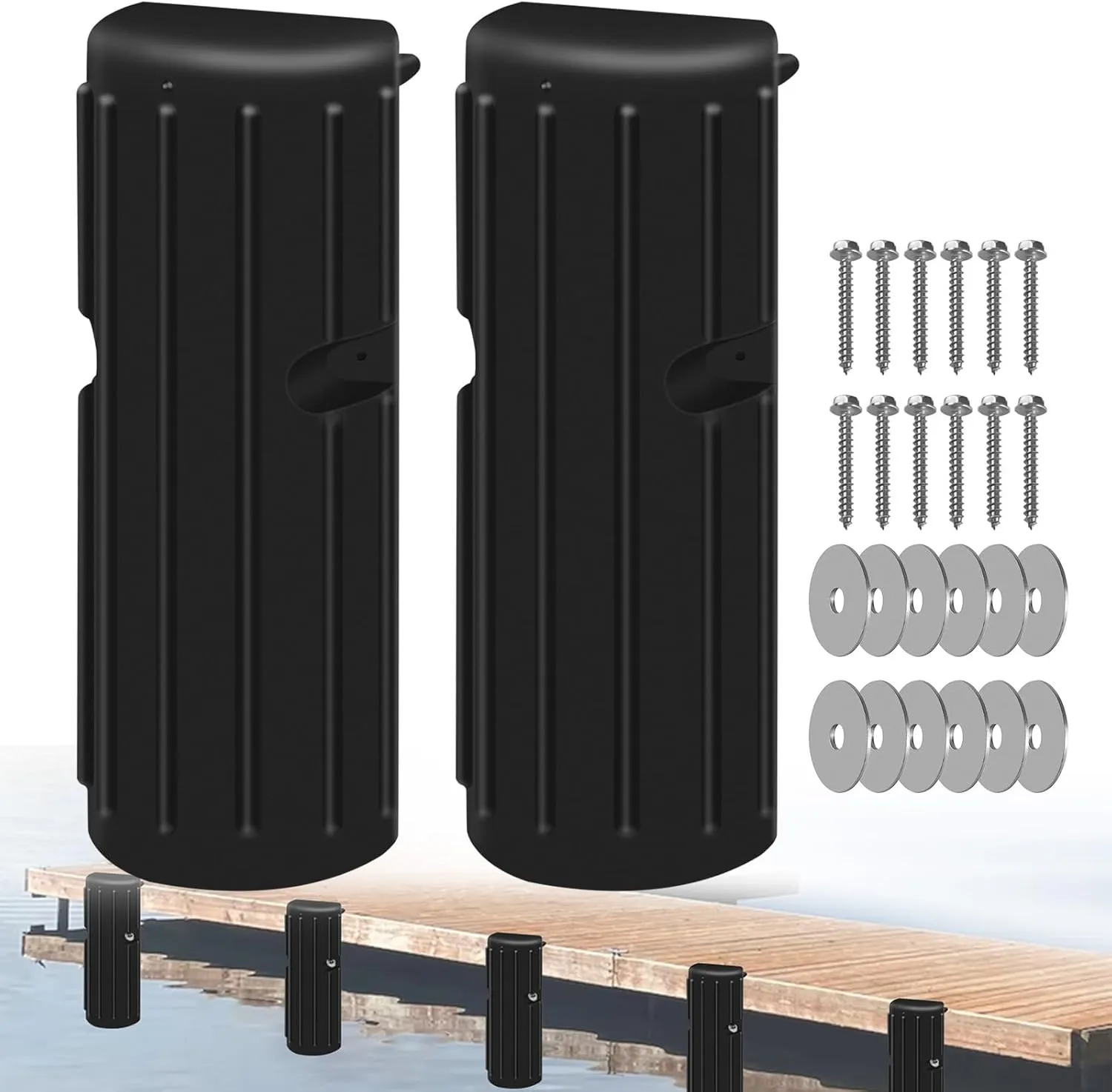 Dock Bumper Fender - Heavy Duty Boat Dock Bumpers for Edge & Side - Marine Fender Guard - Vertical Dock Protection with Stainless Steel Hardware - 2 Pack - Black