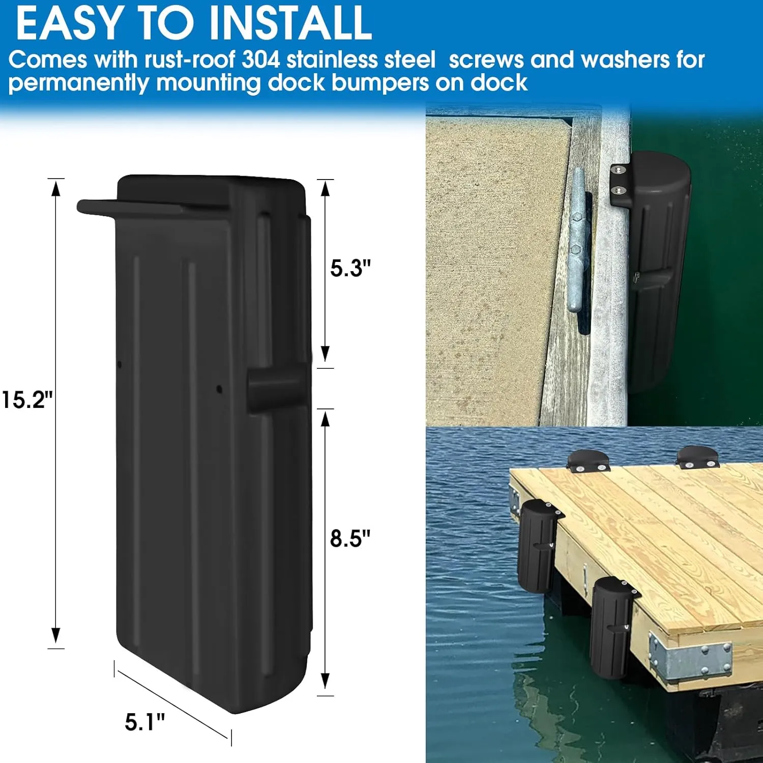 Dock Bumper Fender,Boat Dock Bumpers for Edge or Side,Marine Fender Guard,Vertical Protection,Durable Construction,Includes Mounting Hardware,2 Pack-Black