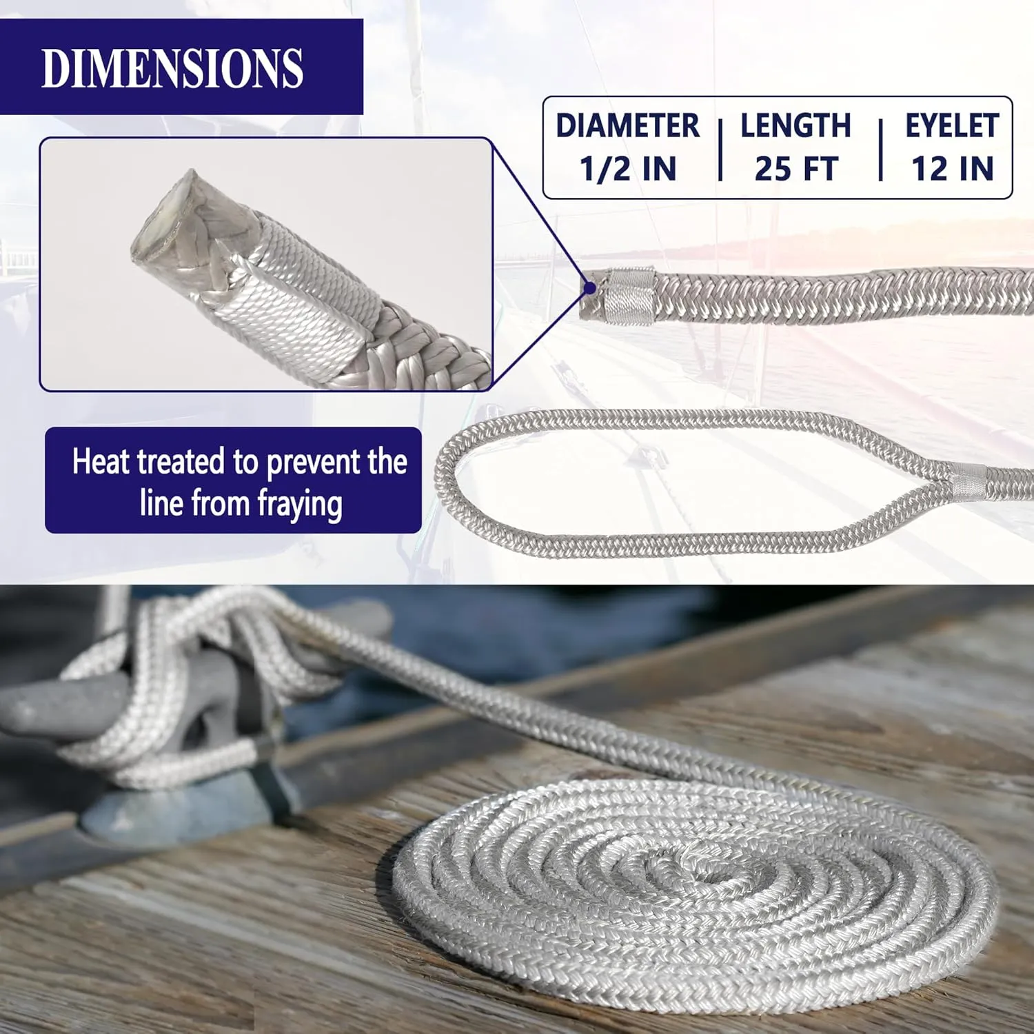 Dock Lines 1/2 inch x 15 Foot - Boat Ropes for Docking with Loop - Boat Rope for Docking with 12 inch Eye - Double Braided Mooring Lines - Black - 2 Pack