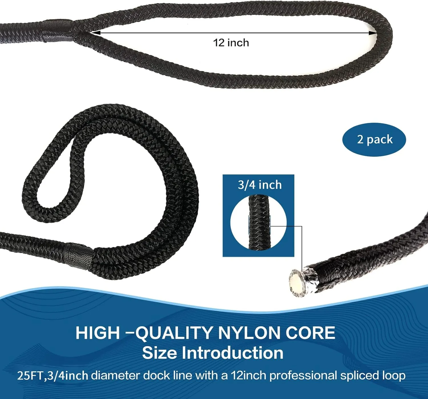 Dock Lines: 3/4" x 25' Double-Braided Nylon Boat Dock Line, Premium Boat Ropes for Docking with 12" Eyelet, Mooring Lines for Boats, Marine Rope Boat Accessories, 2 Pack (3/4" 25ft)