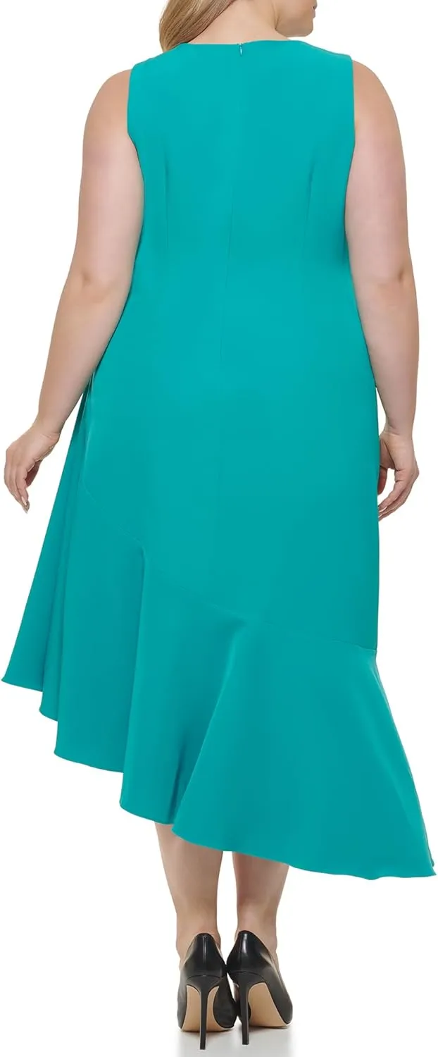 Eliza J Women's Sleeveless High Neck Ruffle Trim Asymmetrical Midi Dress