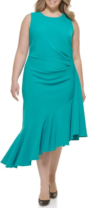 Eliza J Women's Sleeveless High Neck Ruffle Trim Asymmetrical Midi Dress