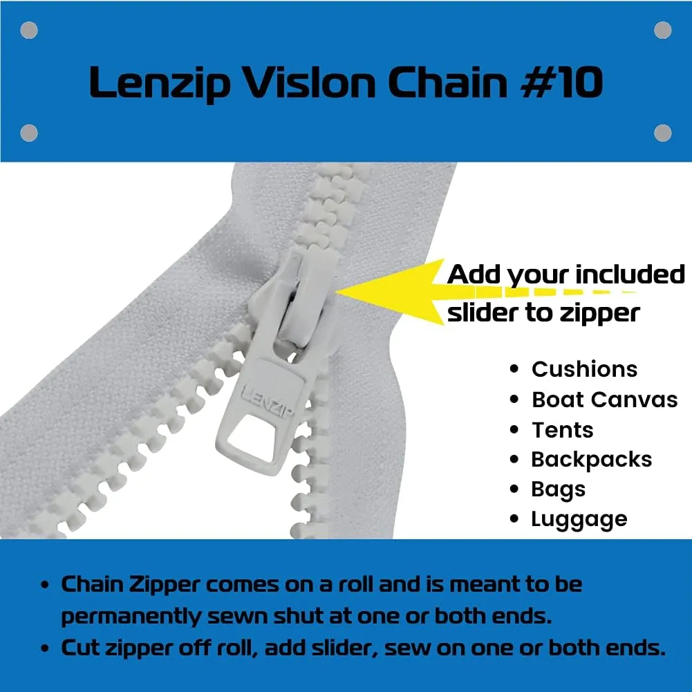 EZ-Xtend #10 Lenzip Chain Vislon Zipper by The Yard with Non-Locking Sliders. Boat Cushions, Duffle Bags, Back Packs, Sewing, Replacement Zipper(5 Yards & 4 Single Pulls Non-Locking)