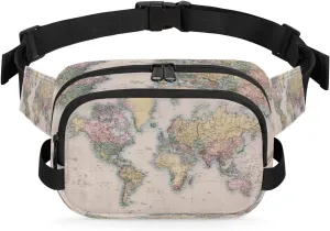 Fanny Pack for Women Men, Vintage World Map Waist Pack Bag Educational World Map Waterproof Belt Bag with Adjustable Strap Casual Hip Bum Bag Crossbody Bags for Running Trave Hiking Cycling Workout