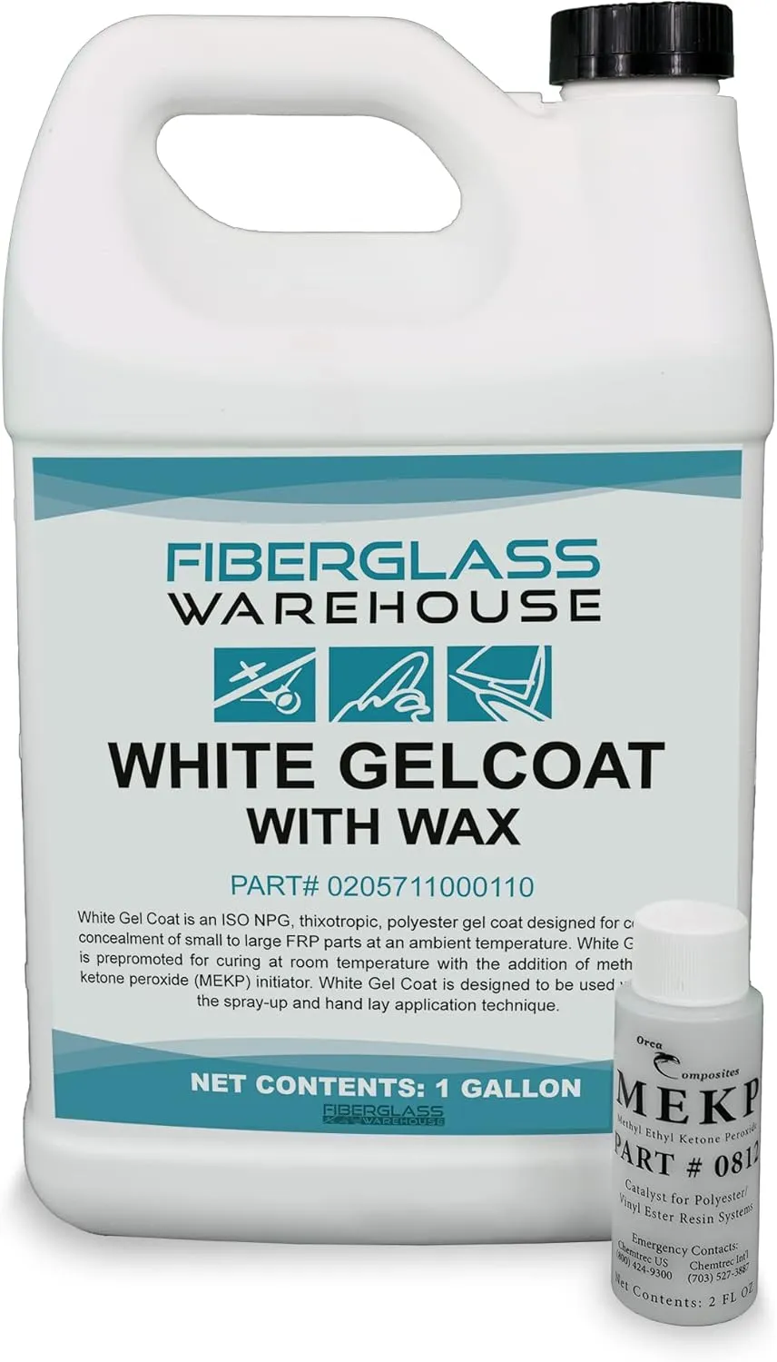 Fiberglass Warehouse White Gel Coat – 1 Gallon Gelcoat (WAXED) with 2 oz MEKP Catalyst, Easy Application, Modified Polyester Resin – Durable, UV Resistant, Ideal for Marine, Auto, Composite Repairs