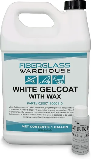 Fiberglass Warehouse White Gel Coat – 1 Gallon Gelcoat (WAXED) with 2 oz MEKP Catalyst, Easy Application, Modified Polyester Resin – Durable, UV Resistant, Ideal for Marine, Auto, Composite Repairs