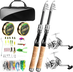 Fishing Pole and Reel Combo - 2PCS Carbon Fiber Telescopic Rods Spinning Reels Saltwater/Freshwater Kit with Lures, Line and Carrier Bag, Travel Fishing Gear for Adults