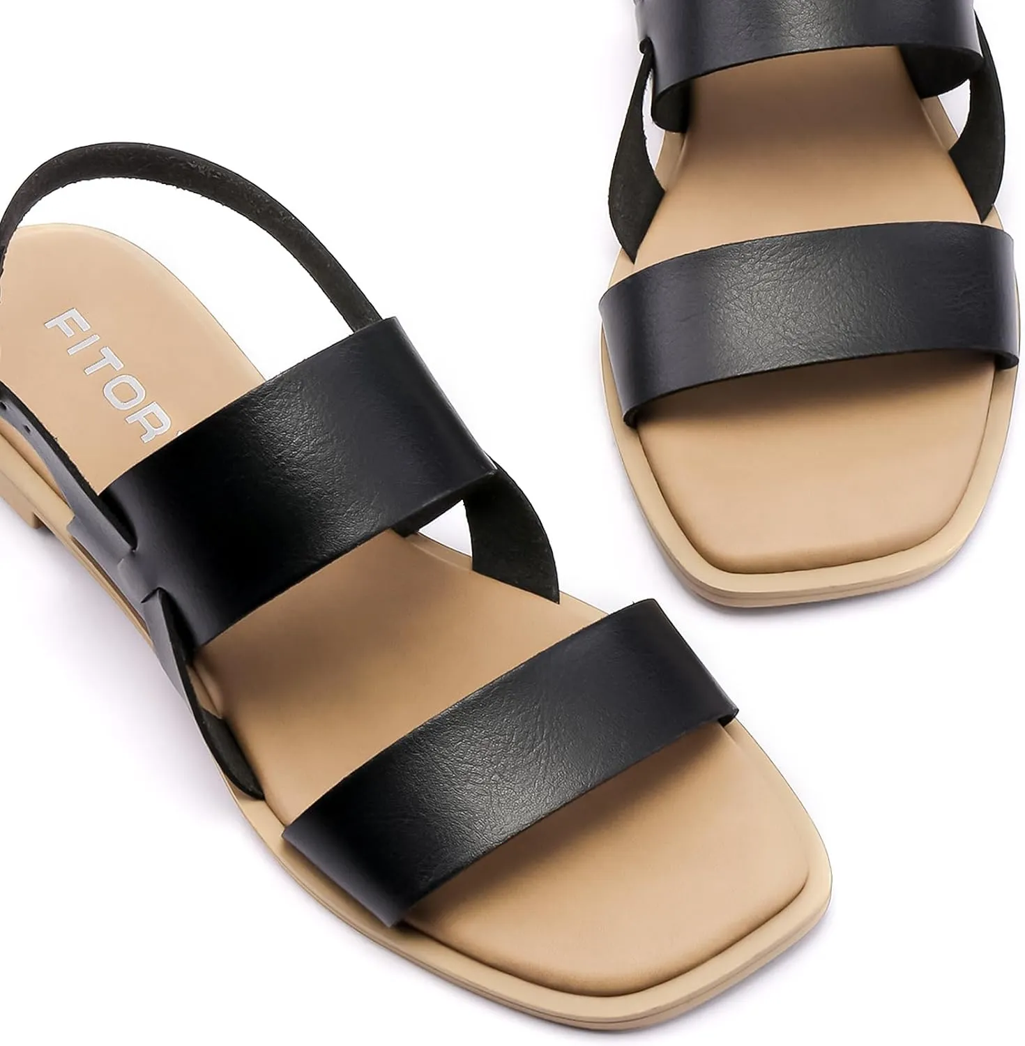FITORY Women's Flat Sandals Fashionable Square Open Toe Adjustable Buckle Slippers Summer Size 6-11
