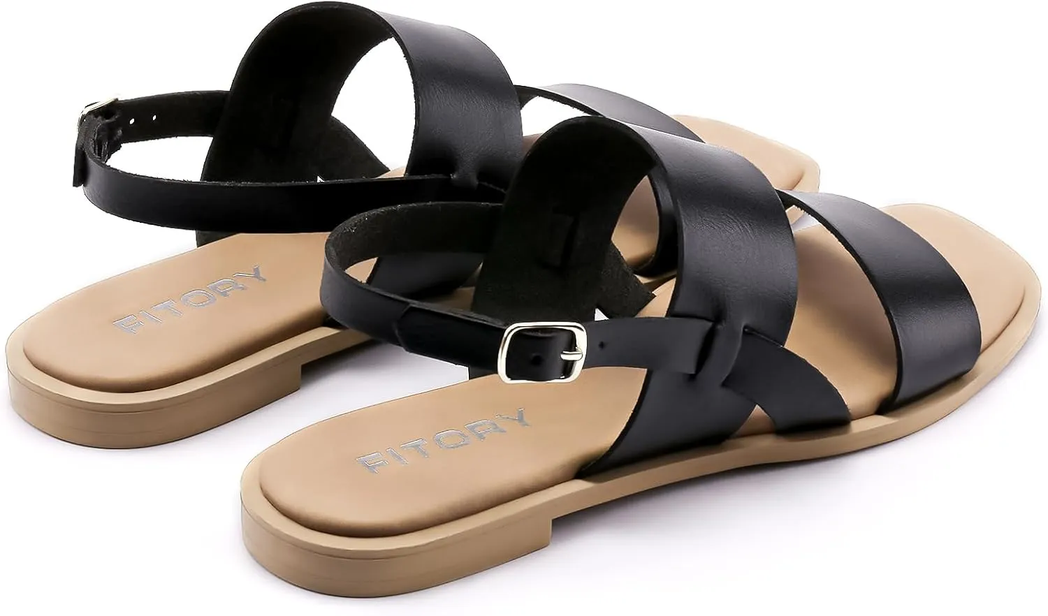 FITORY Women's Flat Sandals Fashionable Square Open Toe Adjustable Buckle Slippers Summer Size 6-11