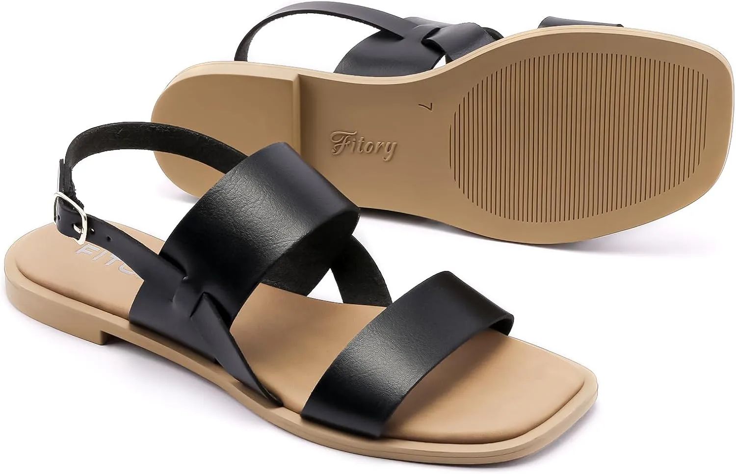 FITORY Women's Flat Sandals Fashionable Square Open Toe Adjustable Buckle Slippers Summer Size 6-11
