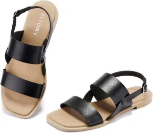 FITORY Women's Flat Sandals Fashionable Square Open Toe Adjustable Buckle Slippers Summer Size 6-11