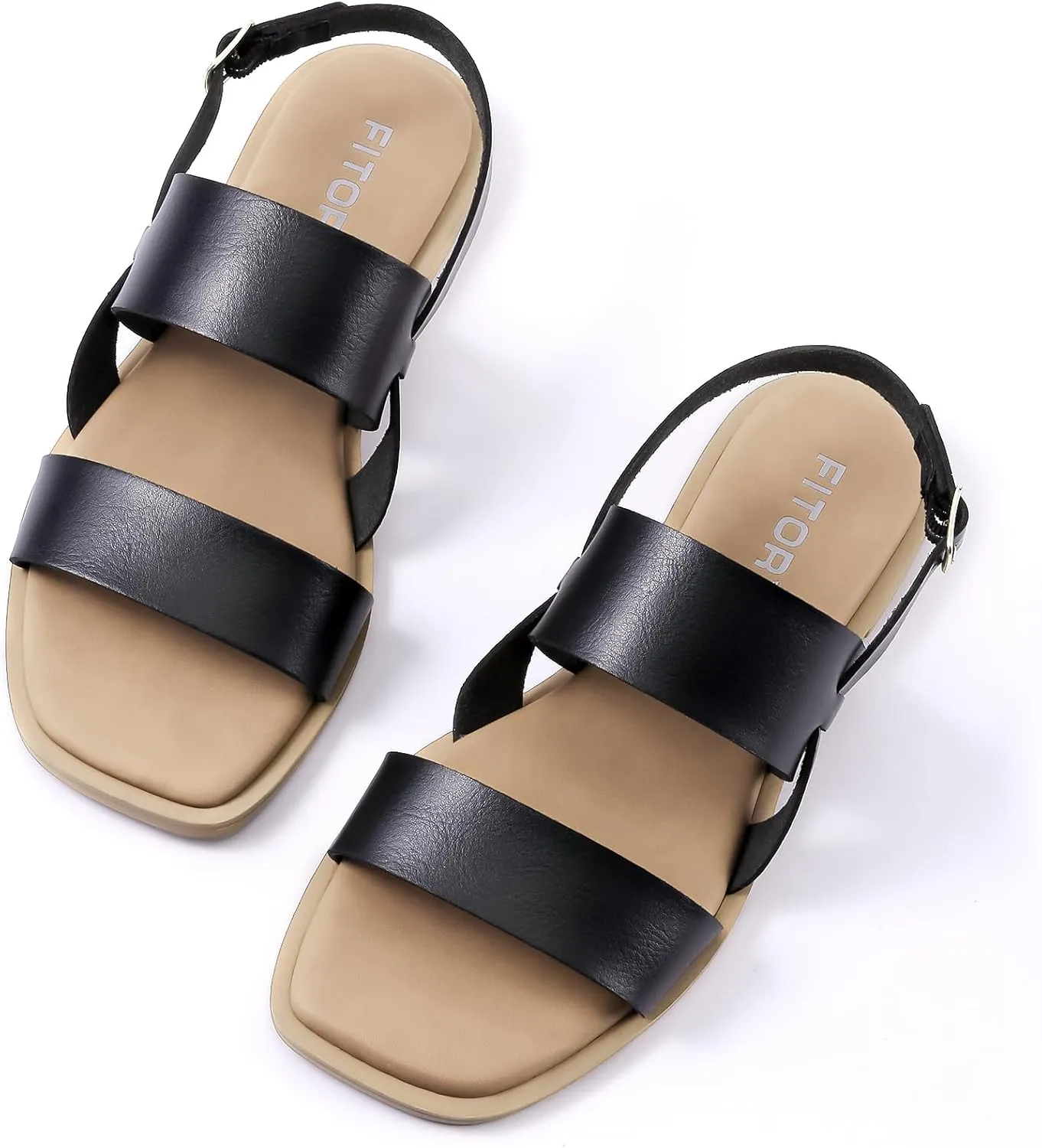FITORY Women's Flat Sandals Fashionable Square Open Toe Adjustable Buckle Slippers Summer Size 6-11