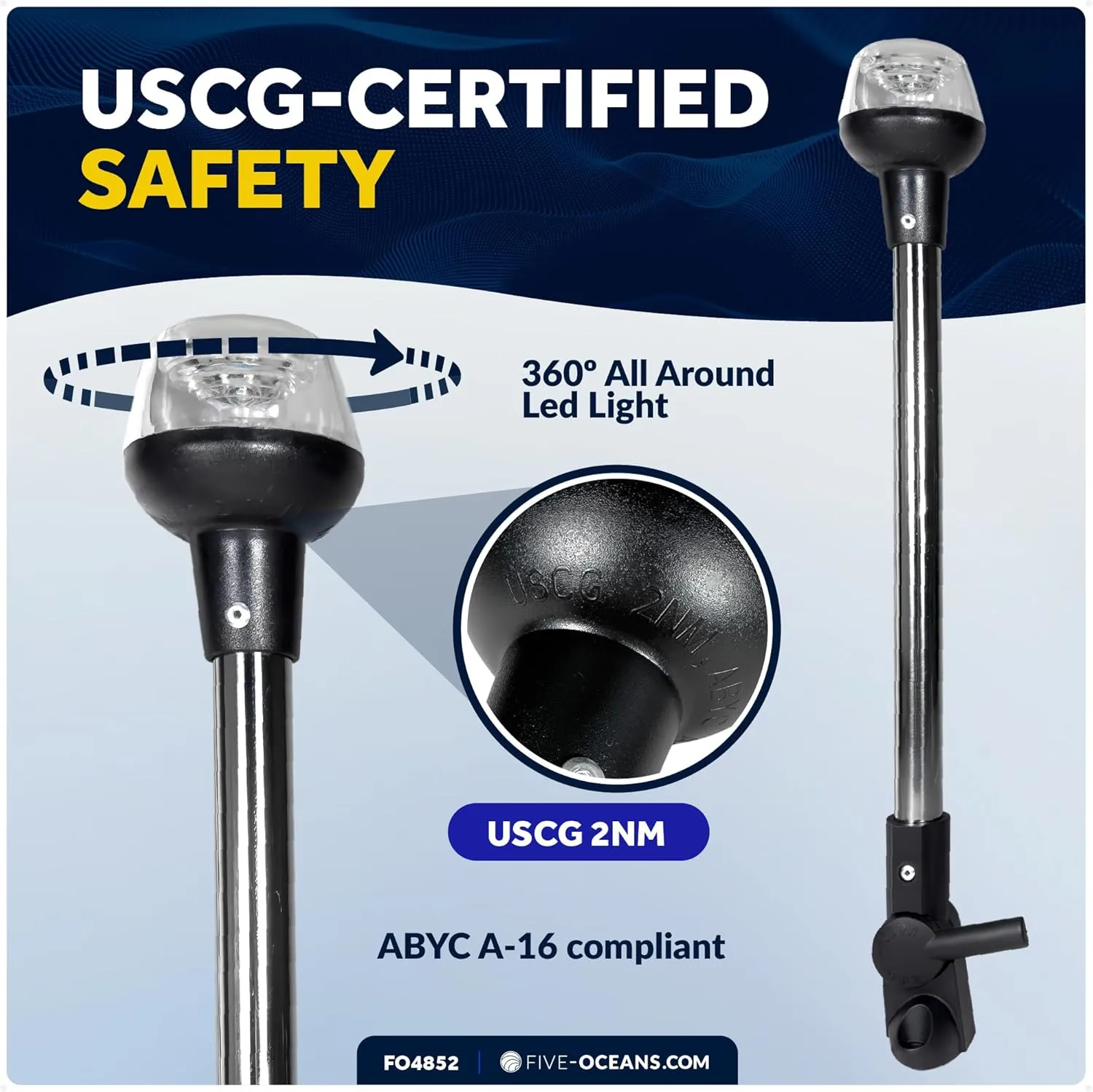 Five Oceans 16-Inch LED Anchor Light, Fold-Down, IP67 Waterproof, 2NM USCG, 8-30VDC - FO4852