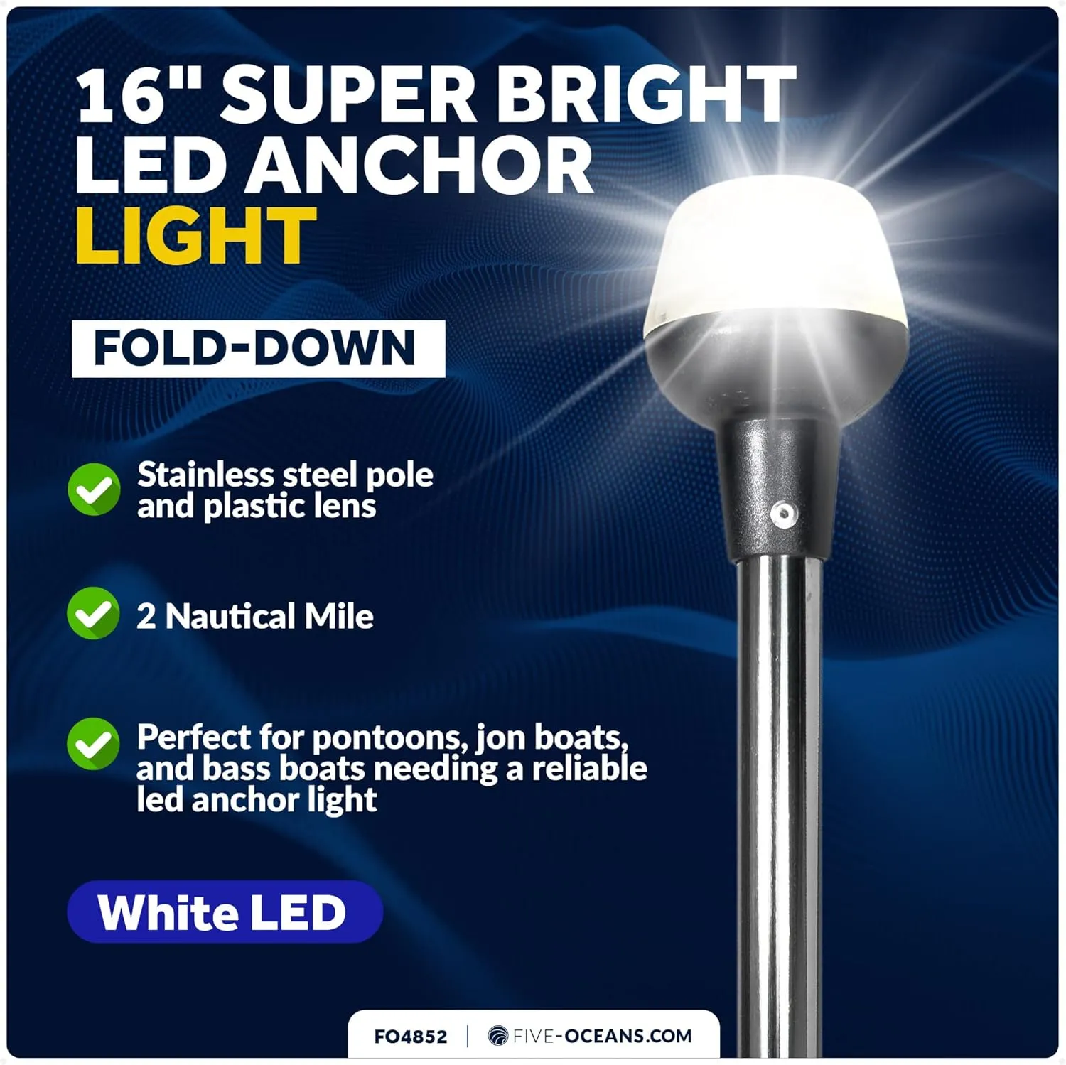 Five Oceans 16-Inch LED Anchor Light, Fold-Down, IP67 Waterproof, 2NM USCG, 8-30VDC - FO4852