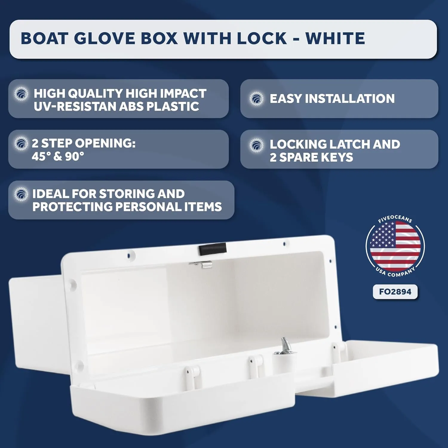 Five Oceans Boat Glove Box, Lockable with 2 Keys, High-Impact and UV-Resistant White ABS Palstic
