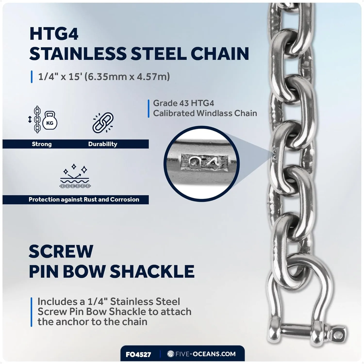 Five Oceans Windlass Anchor Rode, Hand-Spliced Anchor Rope and Chain Combination Kit, Nylon 3-Strand Rope, HT G4 Stainless Steel Chain for Boat Anchor System - Multiple Sizes
