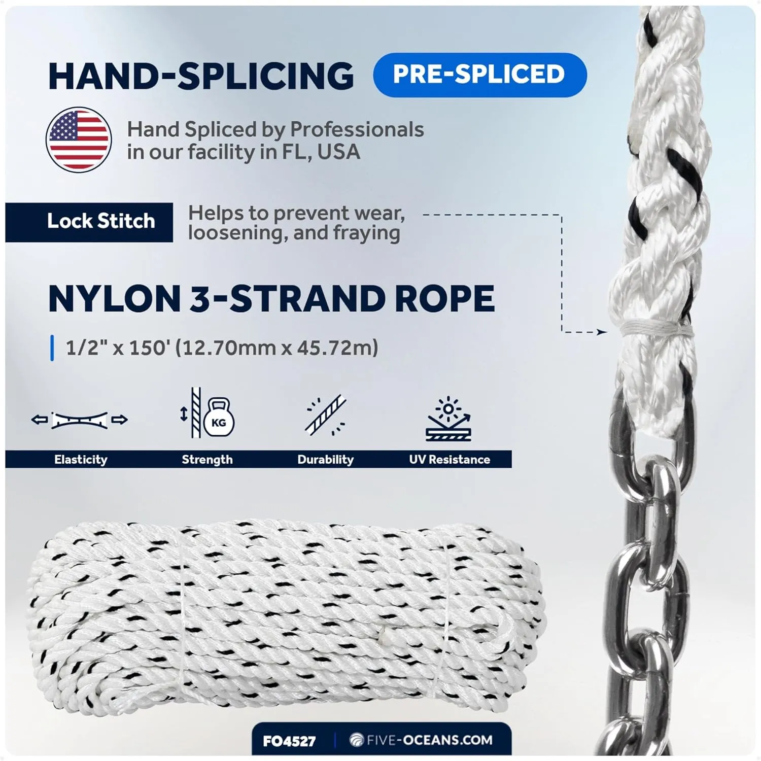 Five Oceans Windlass Anchor Rode, Hand-Spliced Anchor Rope and Chain Combination Kit, Nylon 3-Strand Rope, HT G4 Stainless Steel Chain for Boat Anchor System - Multiple Sizes